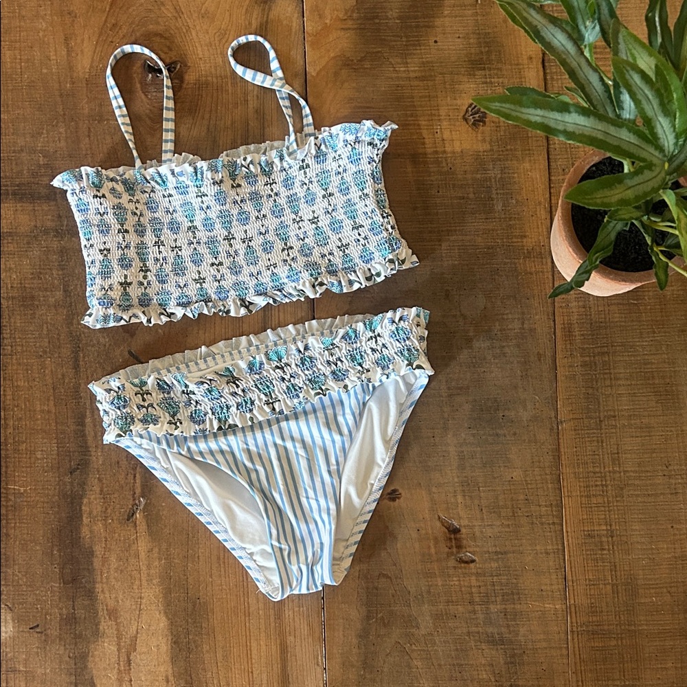 Striped Blue and White Smocked Bikini Set